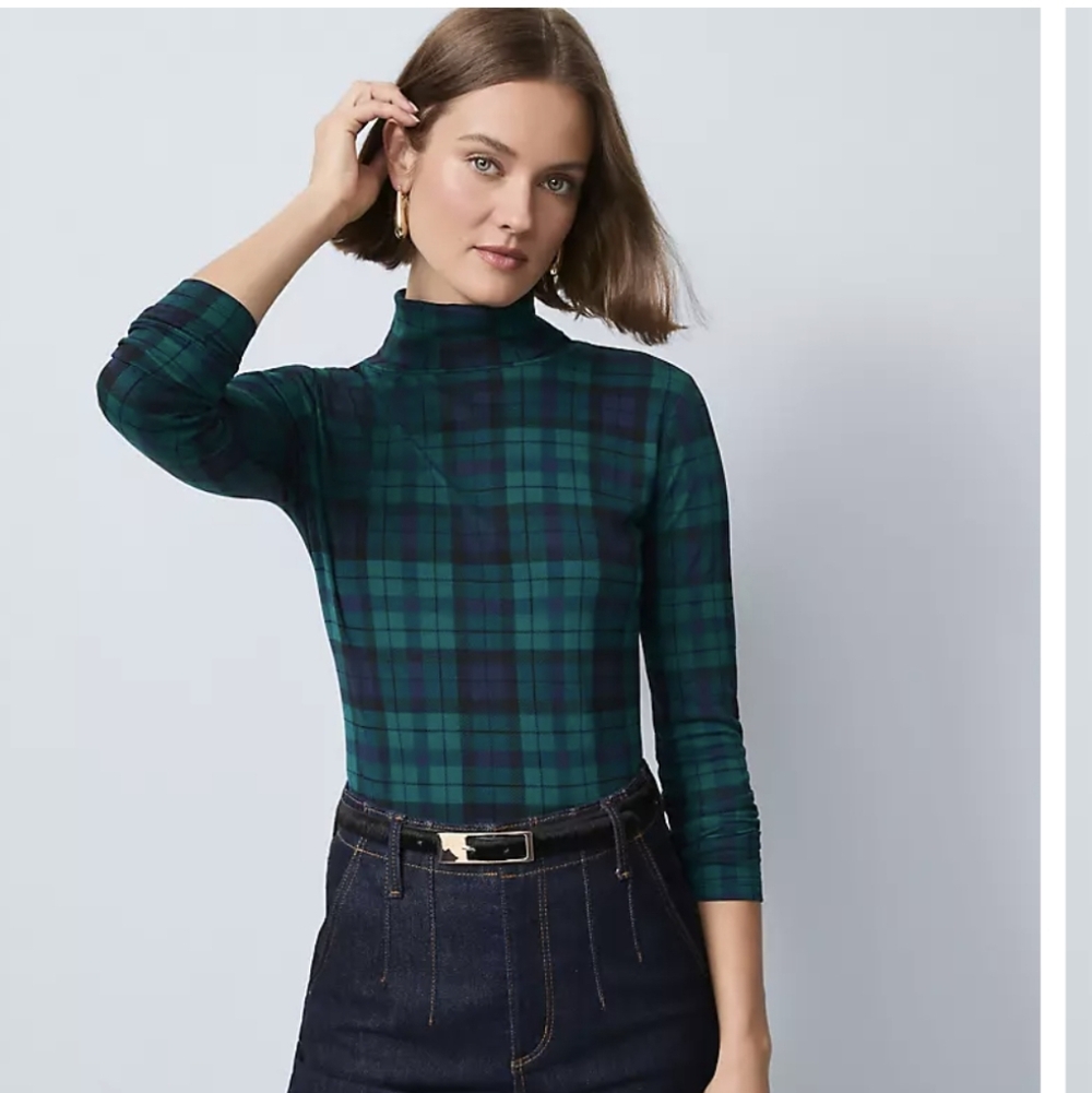 NWT ANN TAYLOR Plaid Preppy Fitted Turtleneck Green & Navy Size XXS Petite